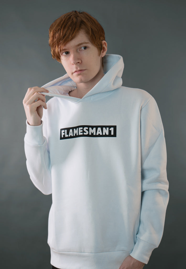 Flamesman1 - BLACK LOGO TEXT / White hoodie